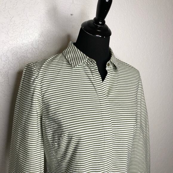 Lafayette 148 olive green white striped button down top size 10 - Picture 2 of 13